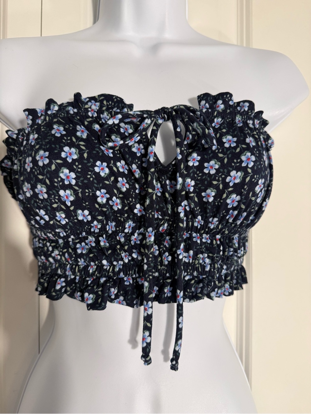 Urban Outfitters Navy Blue Floral Smocked Strapless Crop Top